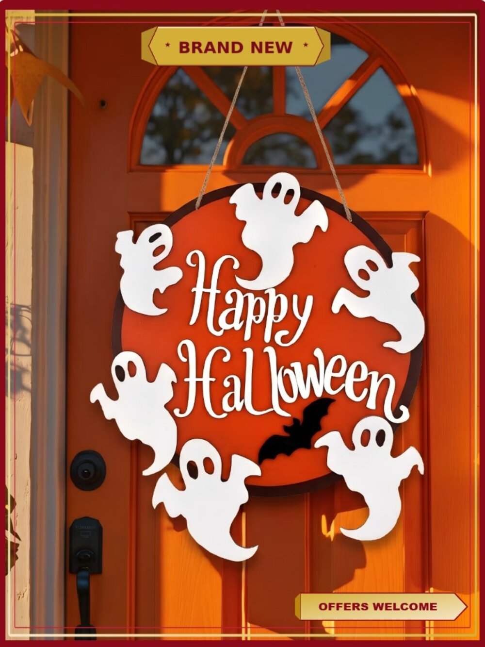 Wooden Happy Halloween Ghost Bat Door Sign Hanging Decoration